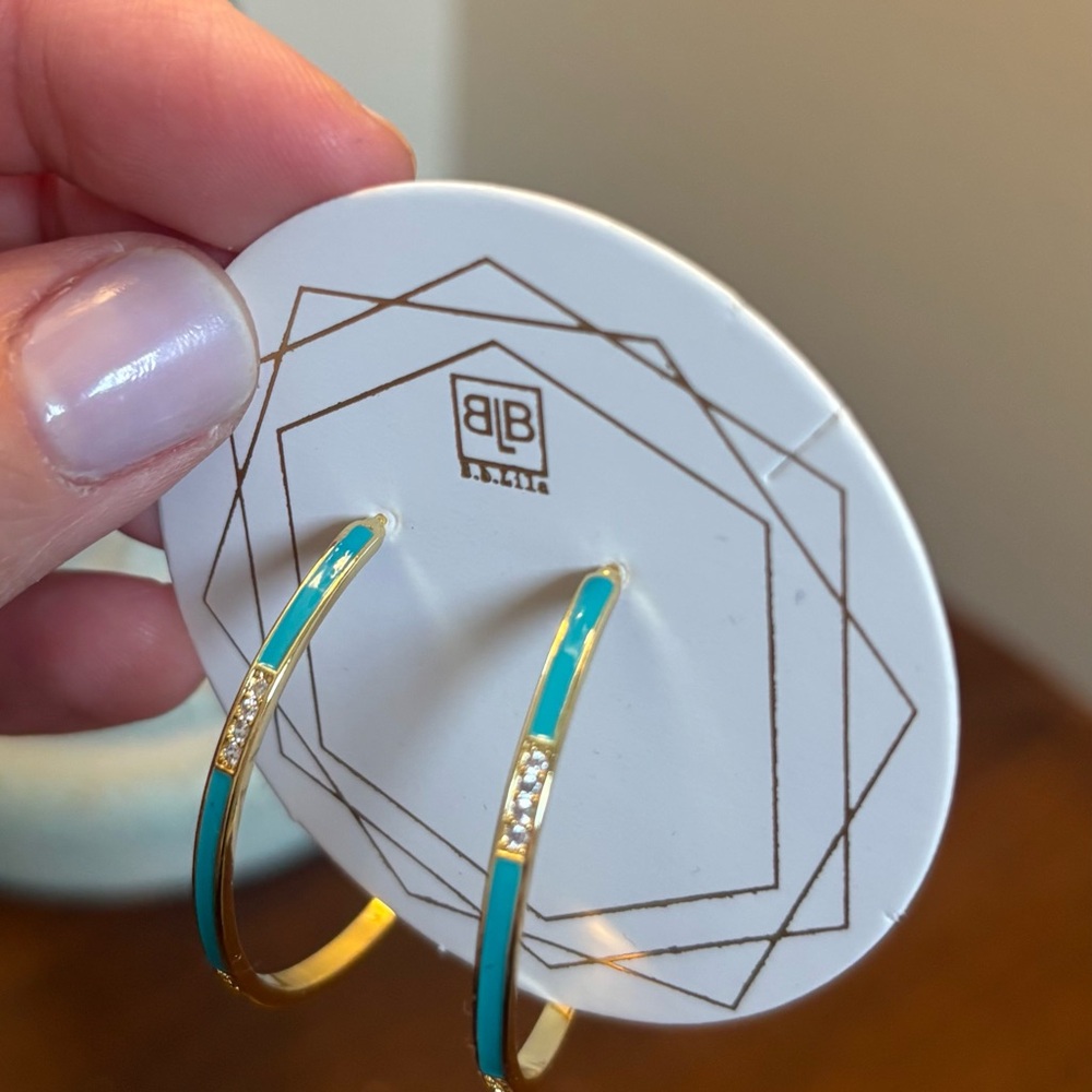 Gold-Tone Teal Enamel Hoop Earrings with Crystal Accents. NEW!